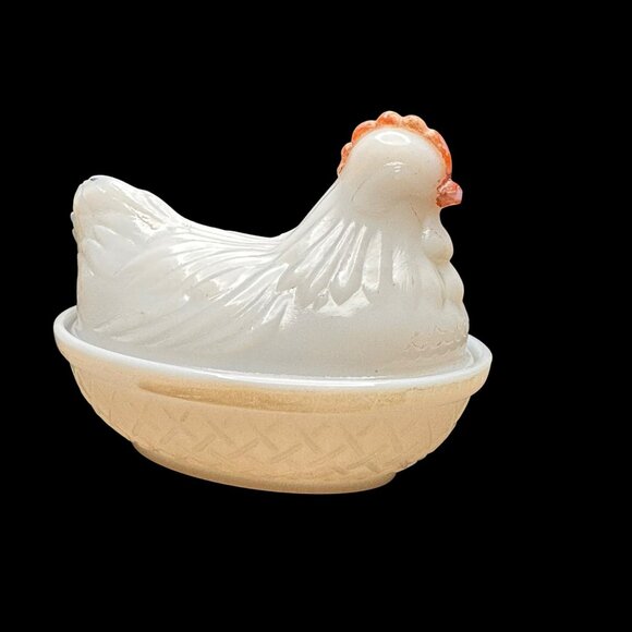 VTG Milk Glass Hen On Nest Dish With Basket Weave Base, candy or trinket dish - Picture 5 of 10